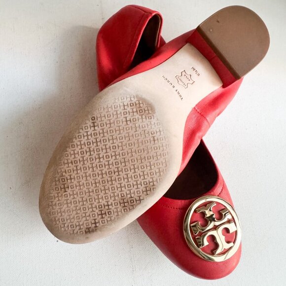 Tory Burch Leather Coral Orange Scrunch Back Low Black Heel Flats 6.5 - Picture 9 of 12